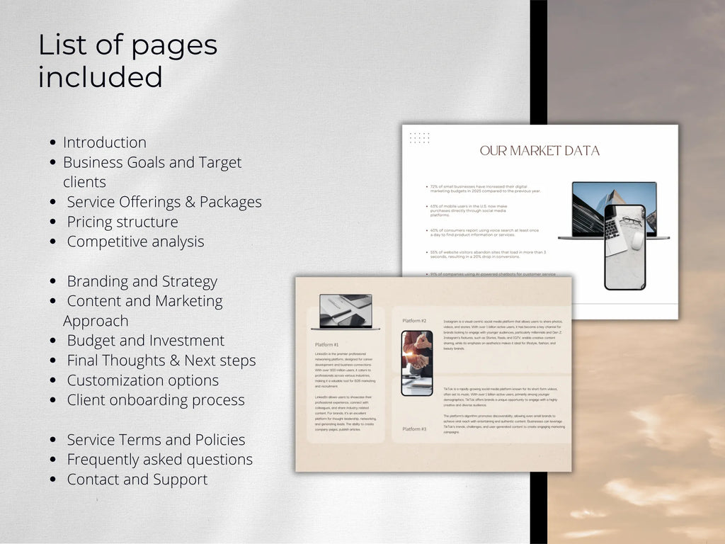Pages from a marketing or business strategy document with text and images on a neutral background.