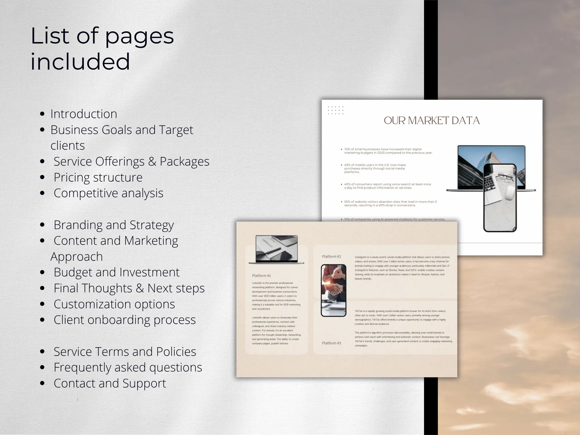 Pages from a marketing or business strategy document with text and images on a neutral background.