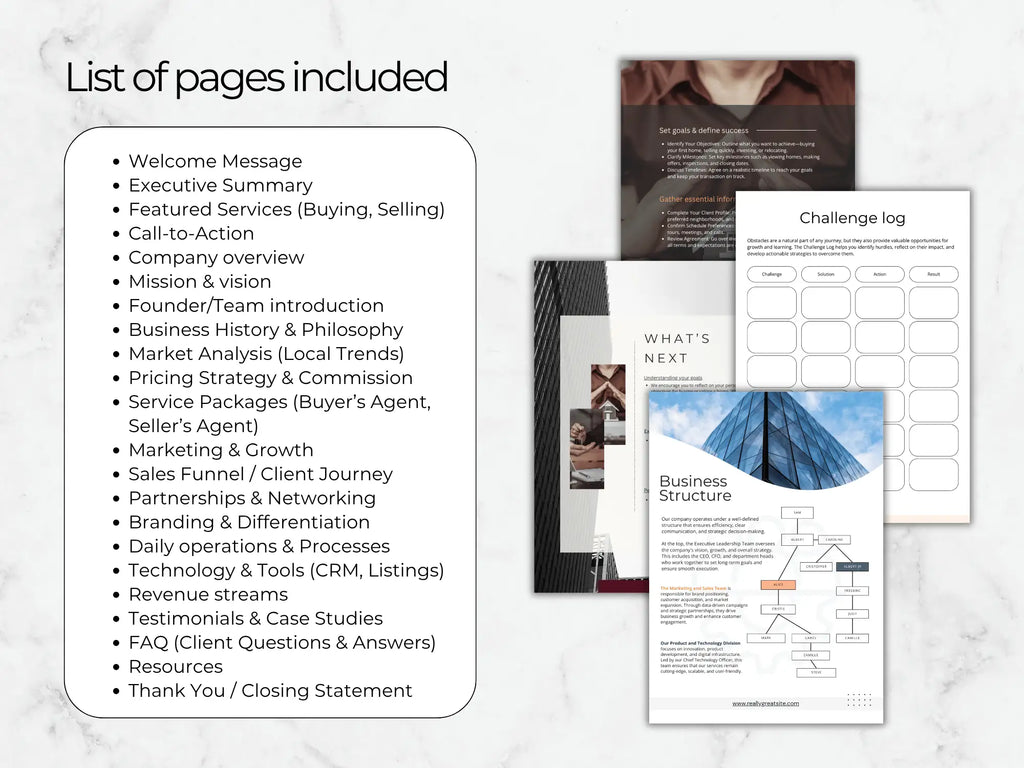 list of sections included in the template, such as Executive Summary, Marketing Strategy, and Revenue Streams, next to document previews