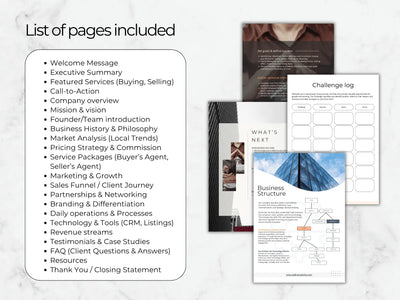 list of sections included in the template, such as Executive Summary, Marketing Strategy, and Revenue Streams, next to document previews