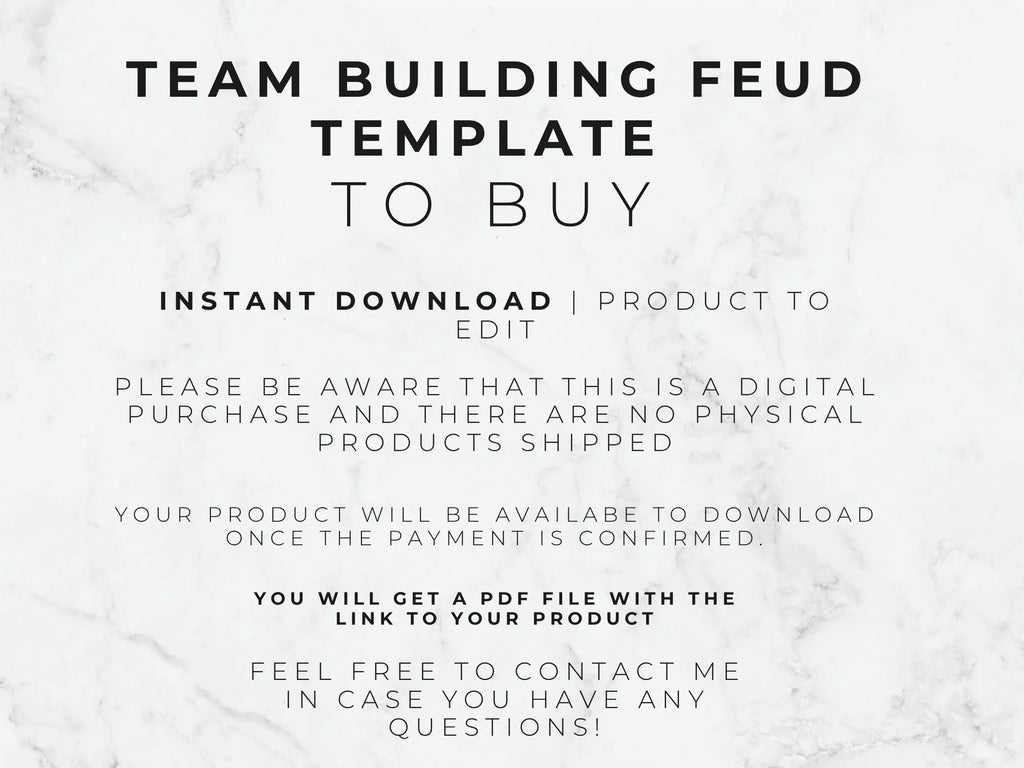 A digital template listing graphic with the text 'TEAM BUILDING FEUD TEMPLATE TO BUY' on a white marble background, plus details about instant download and PDF file delivery.
