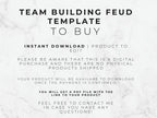 A digital template listing graphic with the text 'TEAM BUILDING FEUD TEMPLATE TO BUY' on a white marble background, plus details about instant download and PDF file delivery.