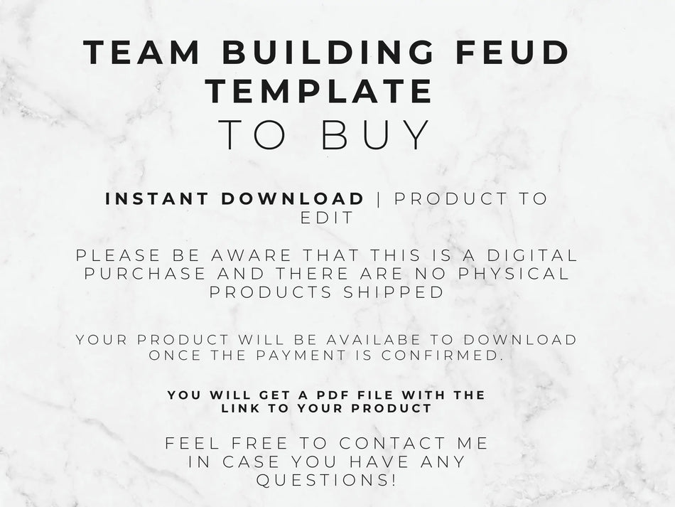 A digital template listing graphic with the text 'TEAM BUILDING FEUD TEMPLATE TO BUY' on a white marble background, plus details about instant download and PDF file delivery.