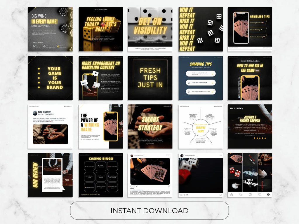 Collection of digital templates with gaming and brand engagement themes on a marble background.