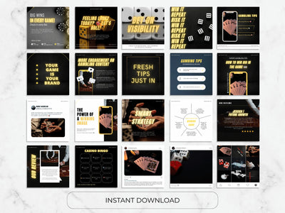 Collection of digital templates with gaming and brand engagement themes on a marble background.