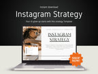 Laptop displaying an Instagram strategy template with a 'Shop Now!' button on a dark background