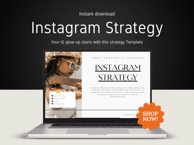 Laptop displaying an Instagram strategy template with a 'Shop Now!' button on a dark background
