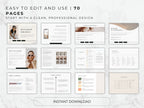 A collection of various pages from the 70-page Instagram Strategy template showing professional layout designs.