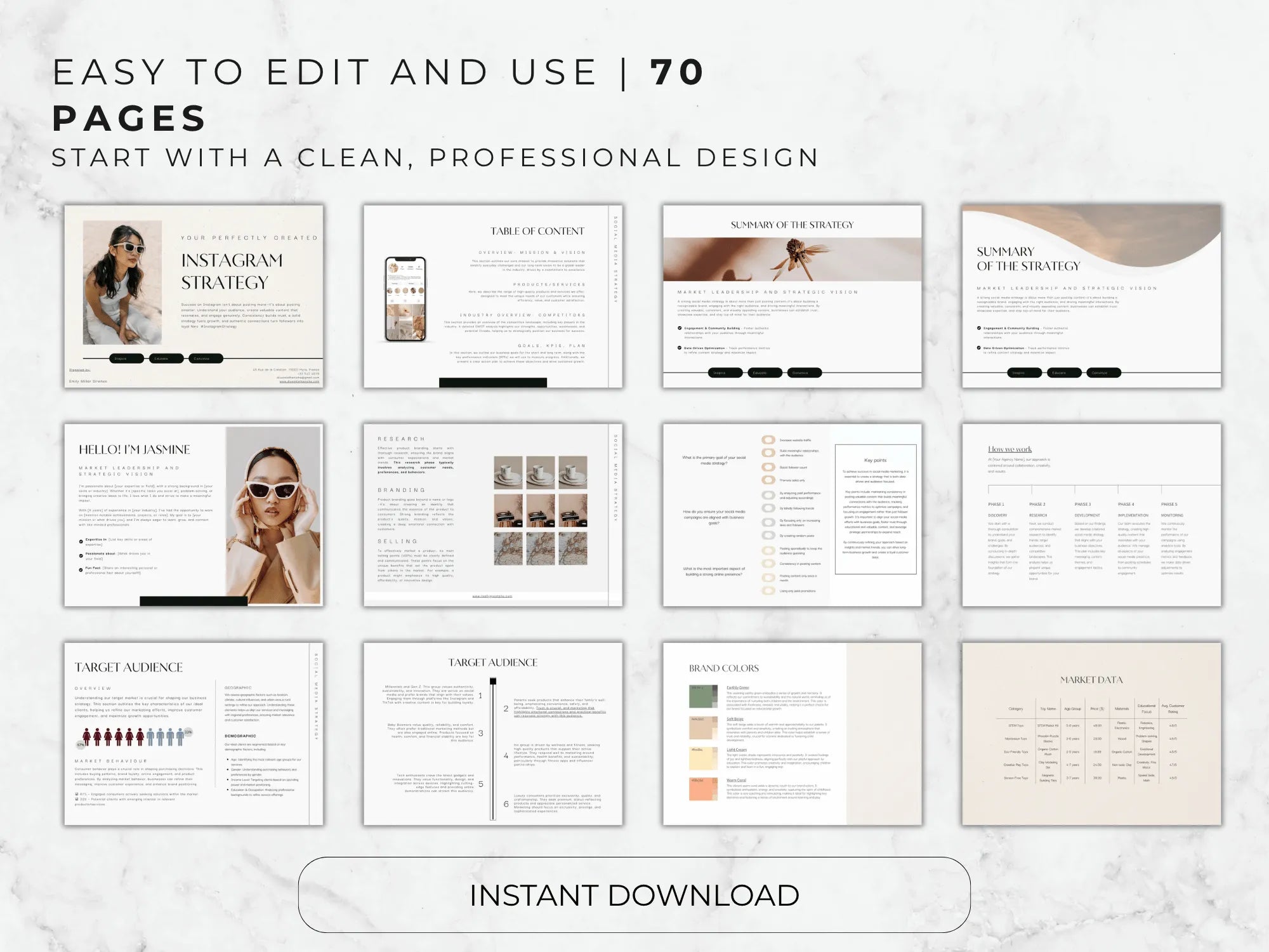 A collection of various pages from the 70-page Instagram Strategy template showing professional layout designs.