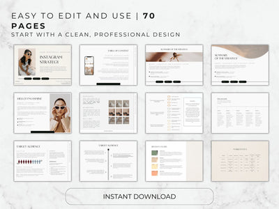 A collection of various pages from the 70-page Instagram Strategy template showing professional layout designs.