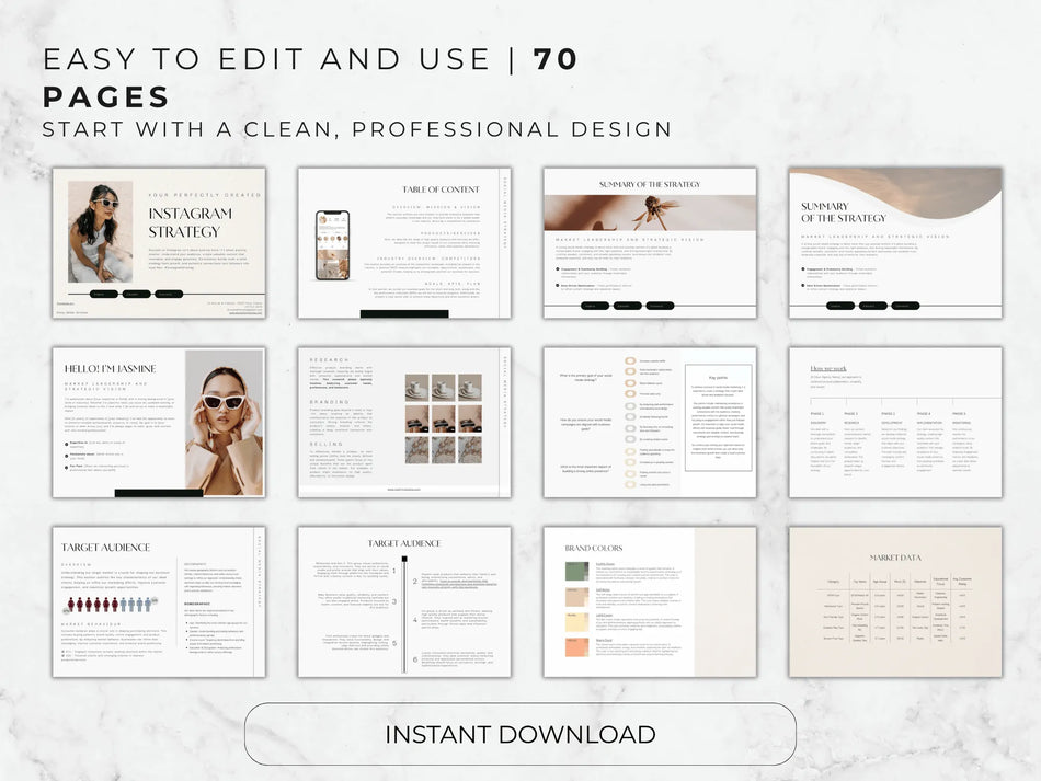 A collection of various pages from the 70-page Instagram Strategy template showing professional layout designs.