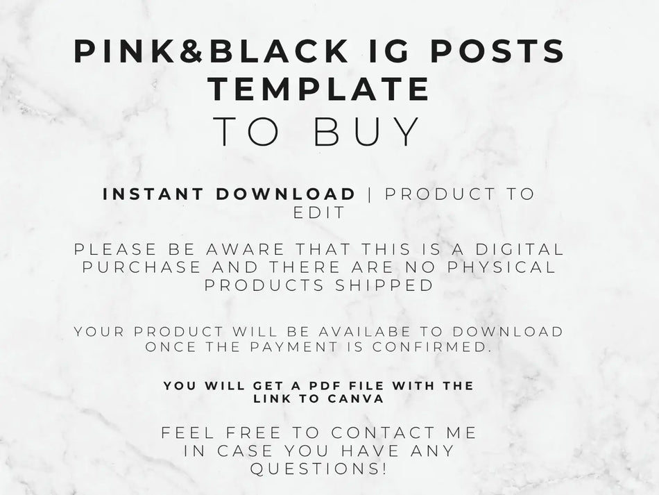 Digital purchase notice explaining immediate file download delivery details for the Canva template link.