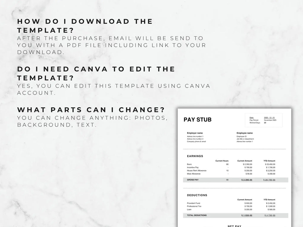 Pay stub template with text instructions on a light gray background
