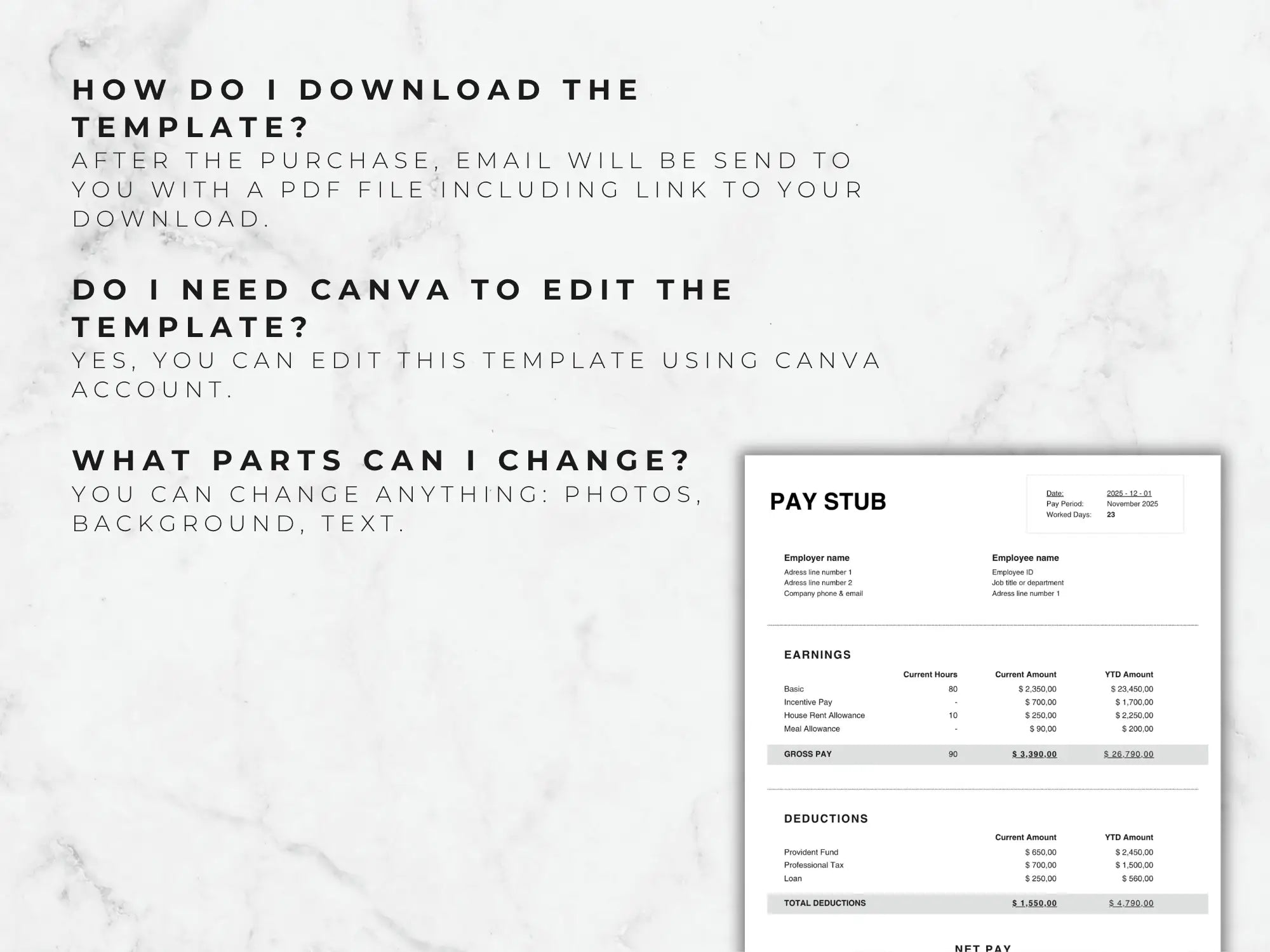 Pay stub template with text instructions on a light gray background