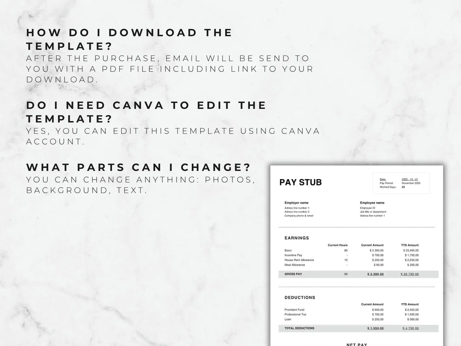 Pay stub template with text instructions on a light gray background