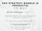 Text on a marble background about an SEO strategy bundle with six products for instant download.