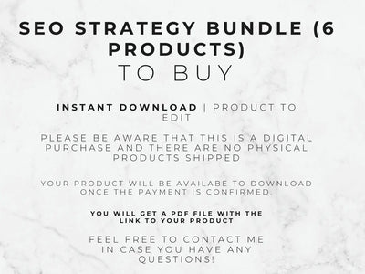 Text on a marble background about an SEO strategy bundle with six products for instant download.