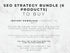 Text on a marble background about an SEO strategy bundle with six products for instant download.