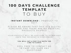 Informational graphic on marble background stating "100 Days Challenge Template to Buy." It clarifies that this is a digital purchase with no physical product shipped.