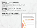 Instructions on downloading and editing a template with Canva, displayed on a white marble background.