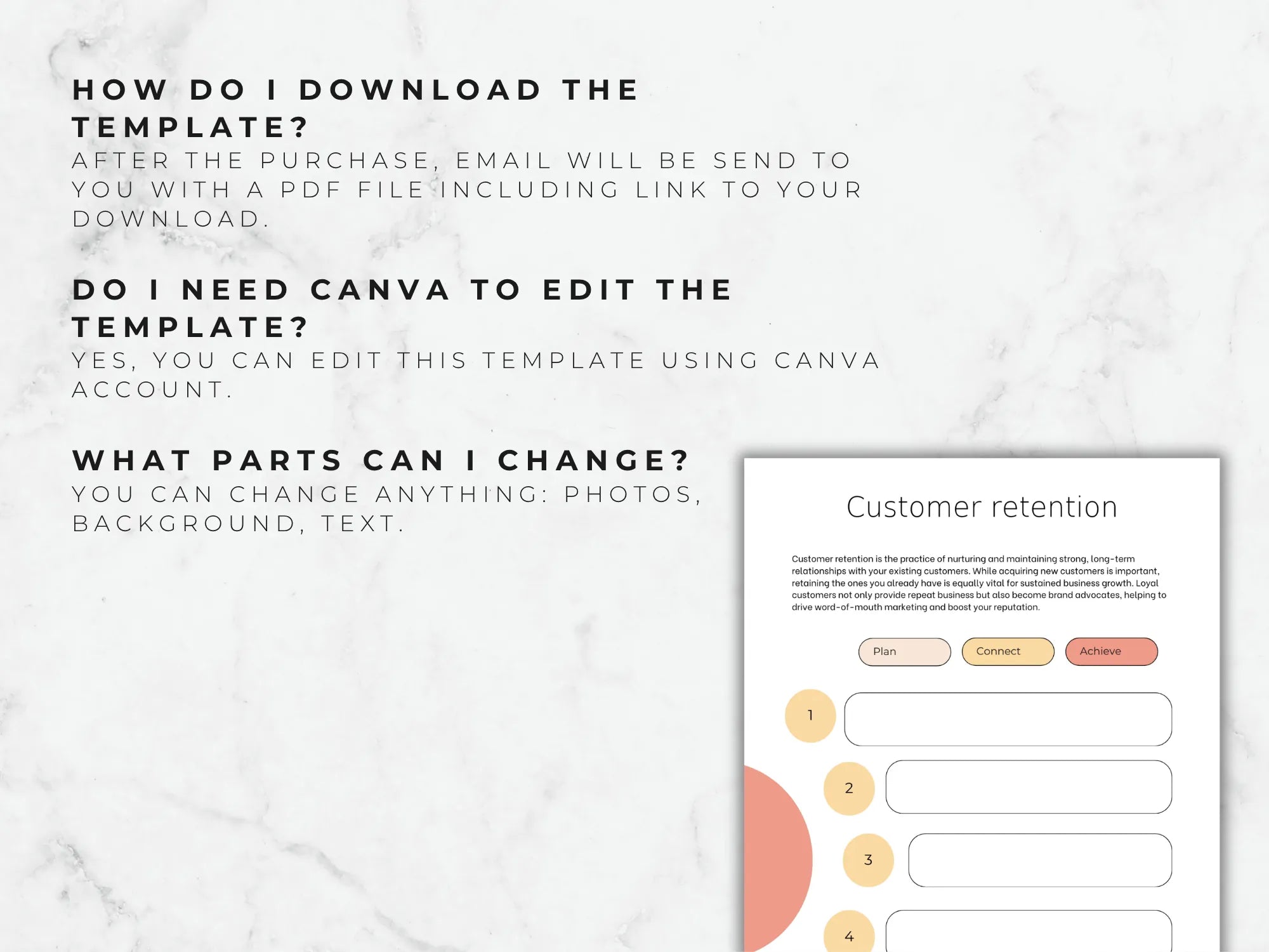 Instructions on downloading and editing a template with Canva, displayed on a white marble background.