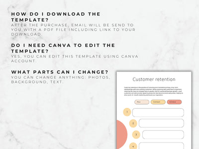 Instructions on downloading and editing a template with Canva, displayed on a white marble background.
