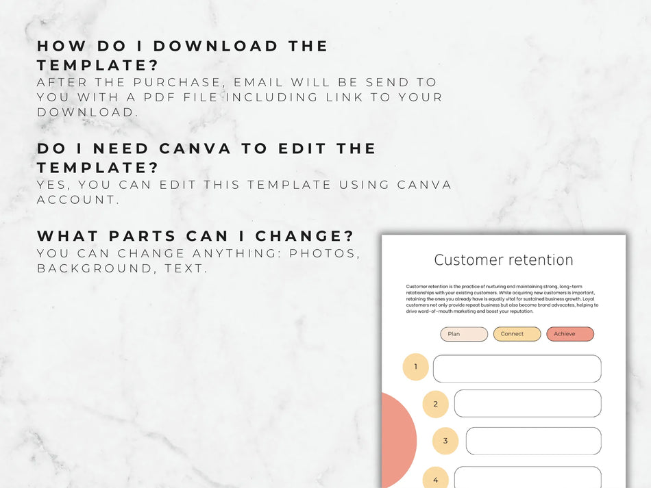 Instructions on downloading and editing a template with Canva, displayed on a white marble background.