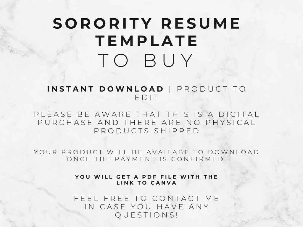 Text on a marble background about a sorority resume template for digital download.