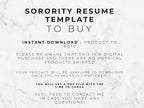 Text on a marble background about a sorority resume template for digital download.