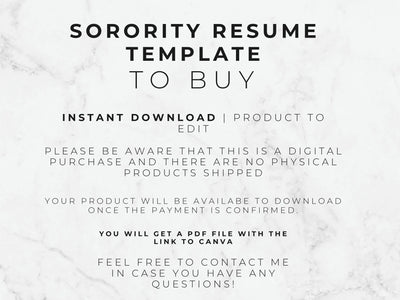 Text on a marble background about a sorority resume template for digital download.