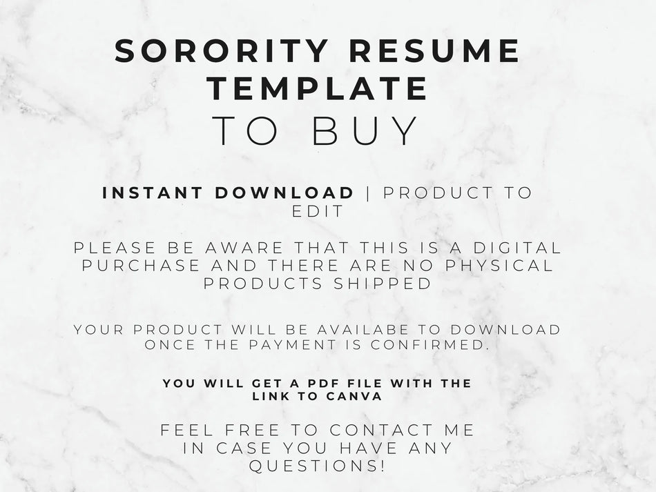 Text on a marble background about a sorority resume template for digital download.