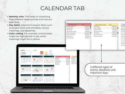 Calendar tab on a laptop screen with text explaining its features.