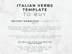 Text on a marble background about an Italian verbs template for digital download.