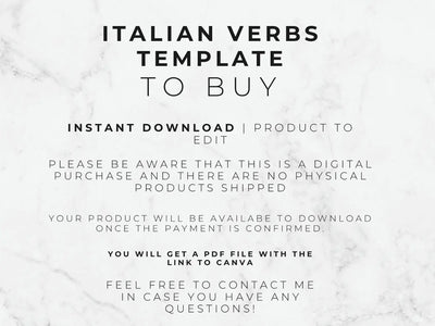 Text on a marble background about an Italian verbs template for digital download.