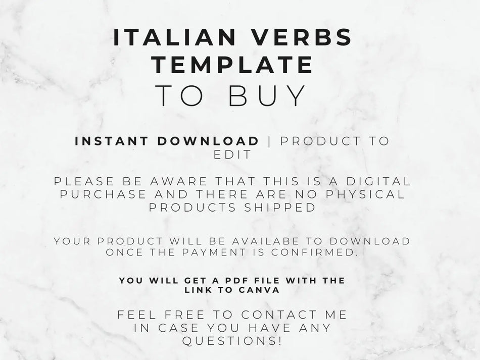 Text on a marble background about an Italian verbs template for digital download.