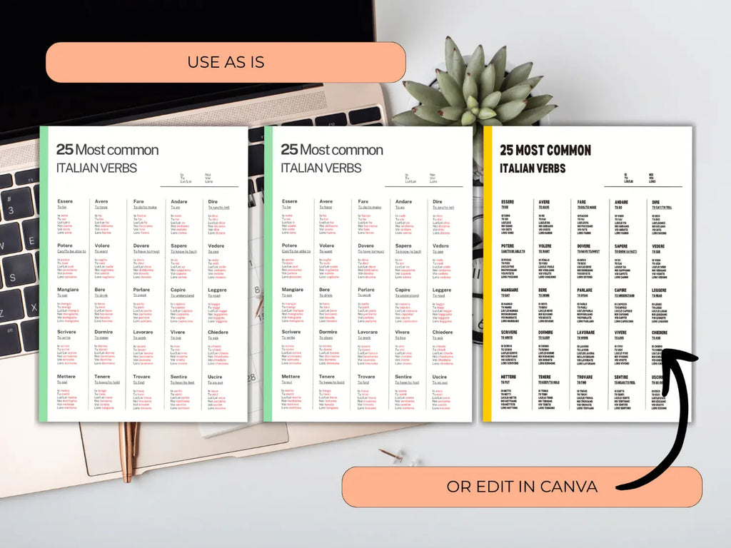 Three open books displaying Italian verb lists on a desk with a keyboard and plant.
