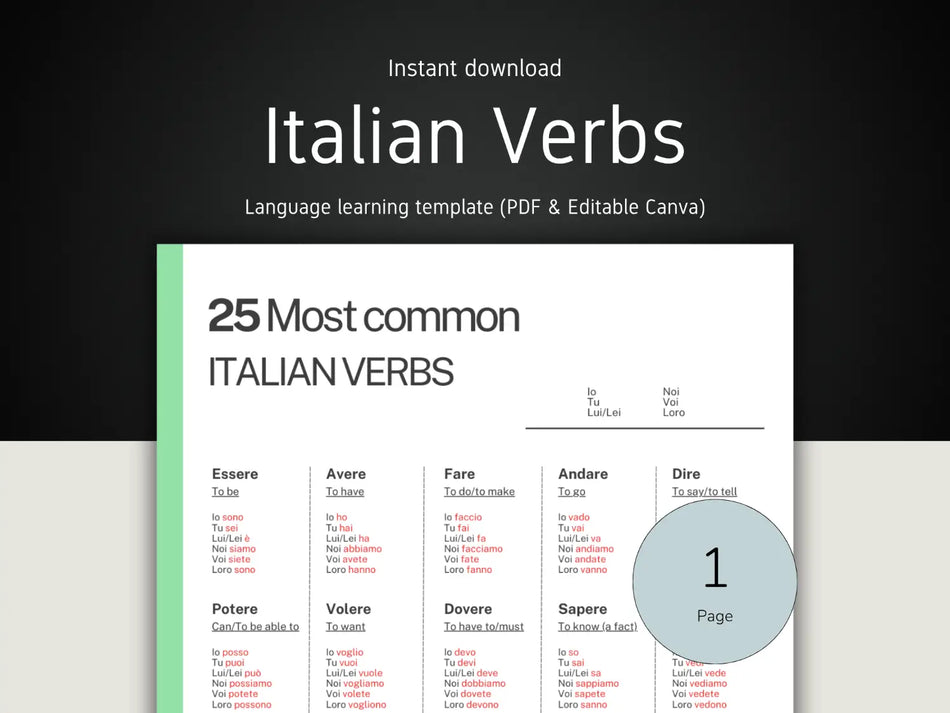 Italian verbs learning template with a dark background