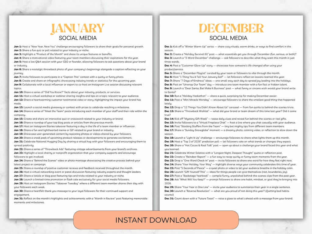Two pages of social media content ideas for January and December with an 'Instant Download' button.
