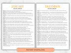 Two pages of social media content ideas for January and December with an 'Instant Download' button.