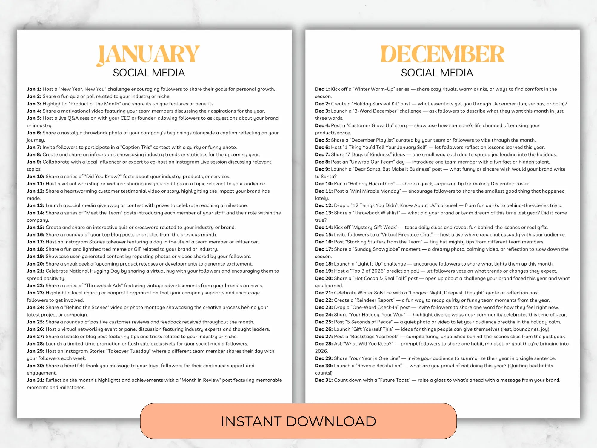Two pages of social media content ideas for January and December with an 'Instant Download' button.