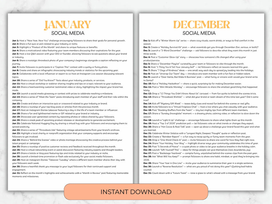 Two pages of social media content ideas for January and December with an 'Instant Download' button.