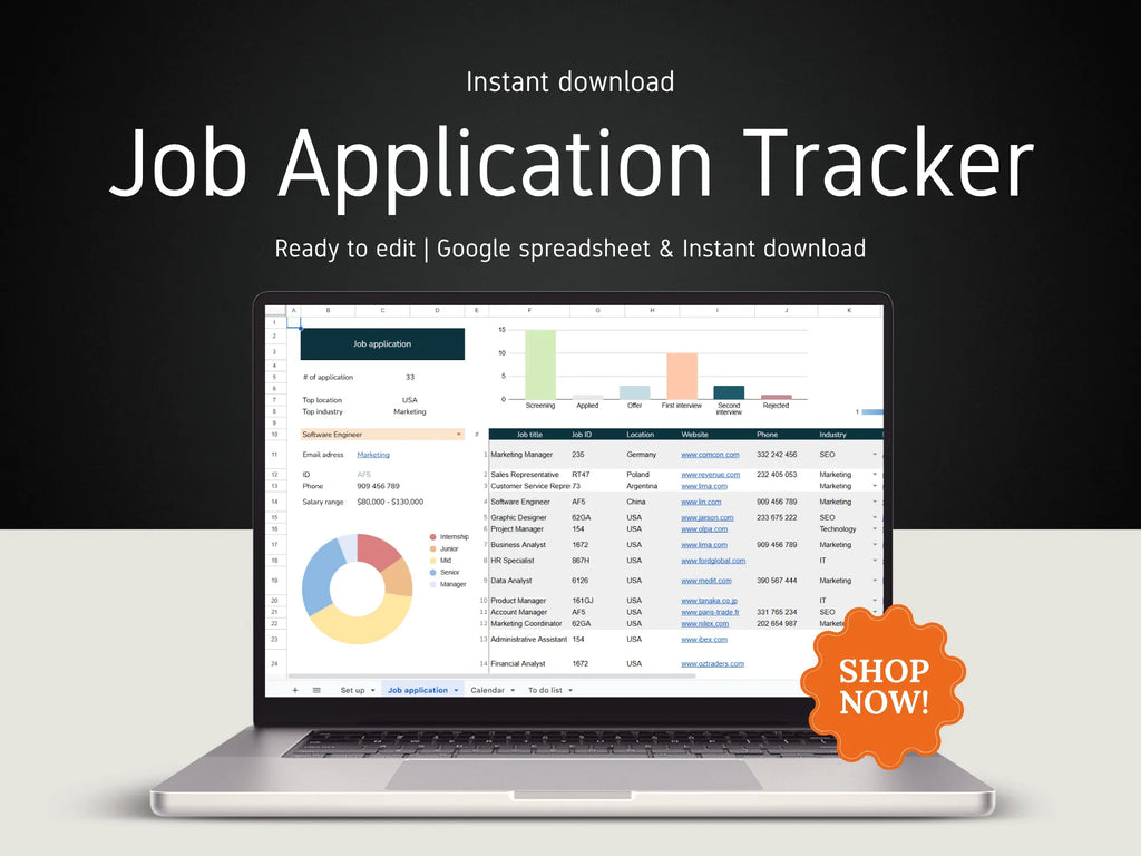 Laptop displaying a job application tracker on a dark background with 'Shop Now!' button.