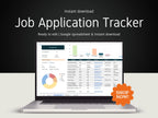 Laptop displaying a job application tracker on a dark background with 'Shop Now!' button.