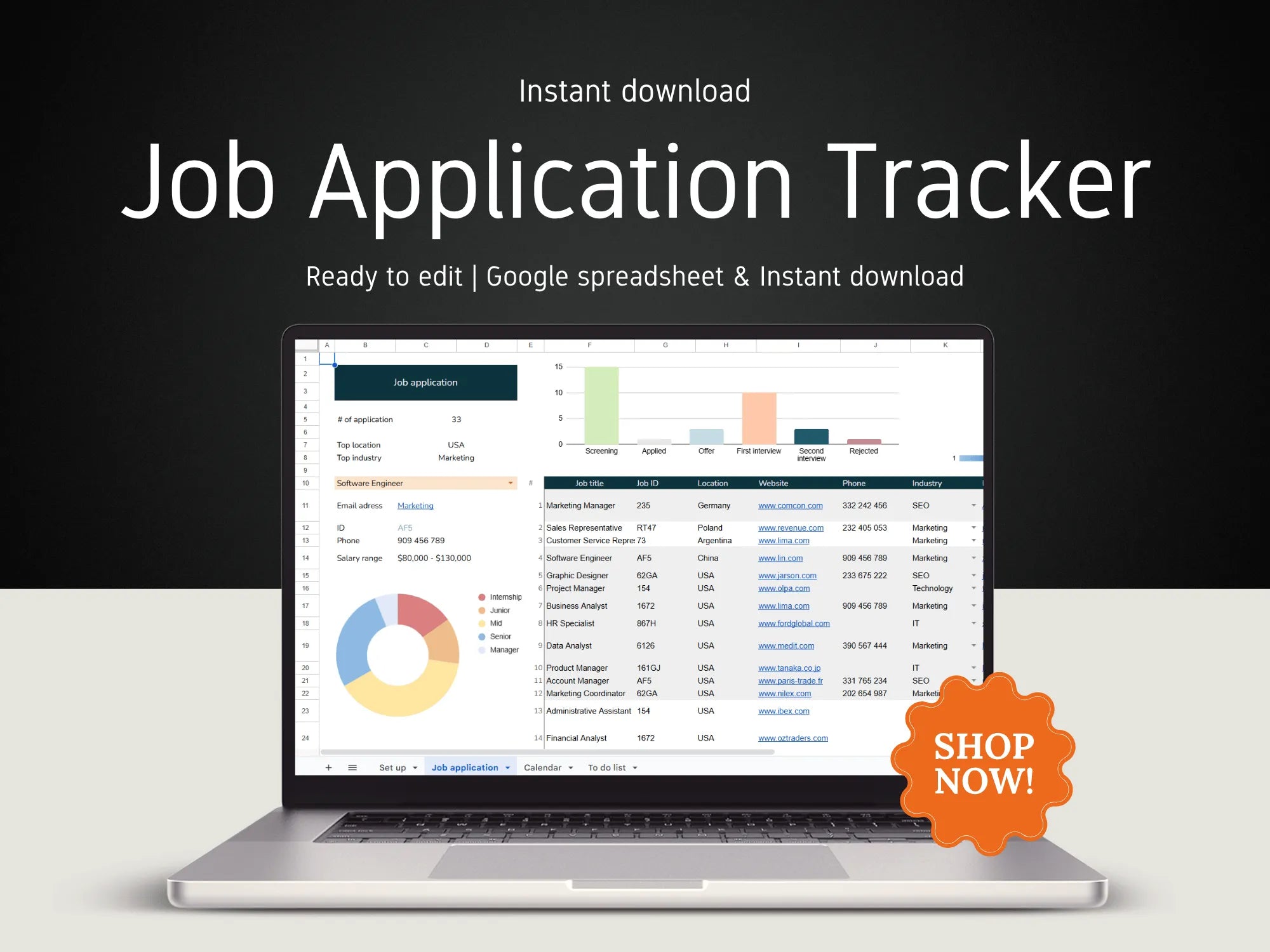 Laptop displaying a job application tracker on a dark background with 'Shop Now!' button.