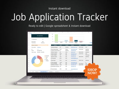 Laptop displaying a job application tracker on a dark background with 'Shop Now!' button.