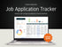 Laptop displaying a job application tracker on a dark background with 'Shop Now!' button.