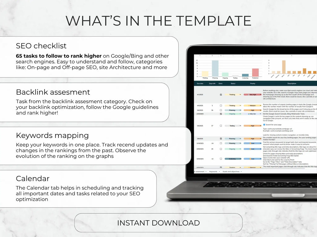 Laptop displaying SEO optimization tools with text on a light gray background