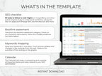 Laptop displaying SEO optimization tools with text on a light gray background