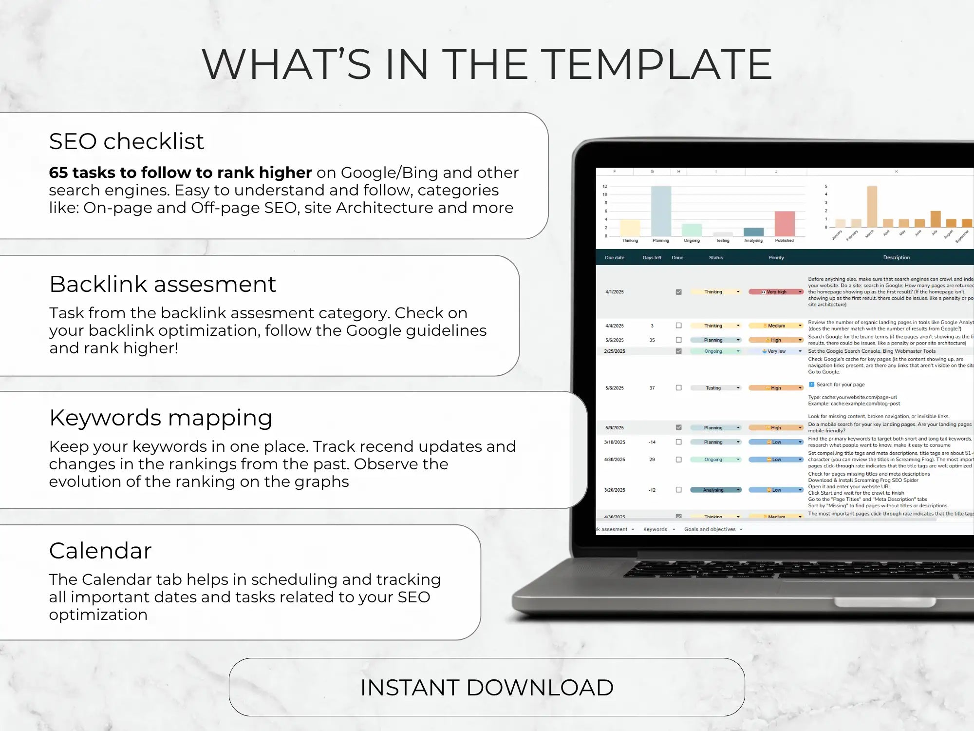 Laptop displaying SEO optimization tools with text on a light gray background
