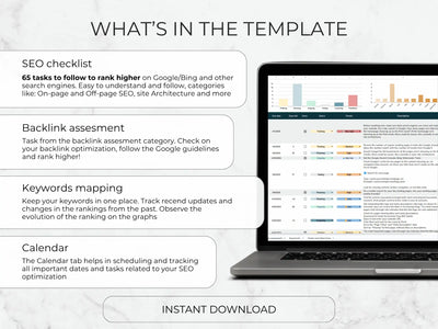 Laptop displaying SEO optimization tools with text on a light gray background